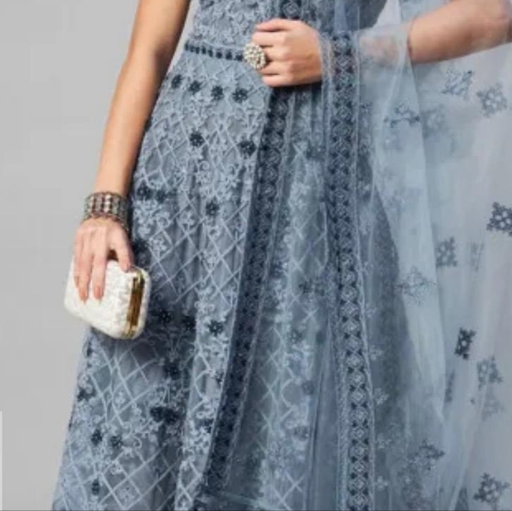 Embroidered Net Abaya Style Suit in Grey Utsav Fashion